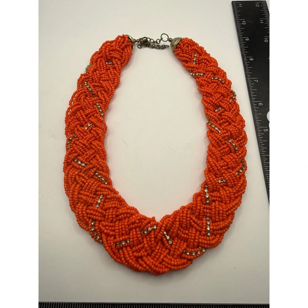 Orange Braided Seed Bead‎ Rhinestone Statement Bib Necklace Antique Gold Tone